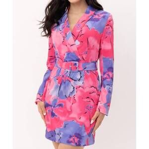 NEW TEA & CUP floral print belted blazer dress in fuchsia-blue